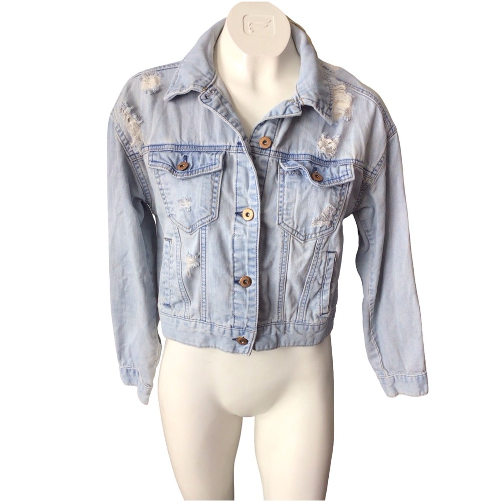 Forever‎ 21 Light Blue Distressed Denim Crop Jacket Small